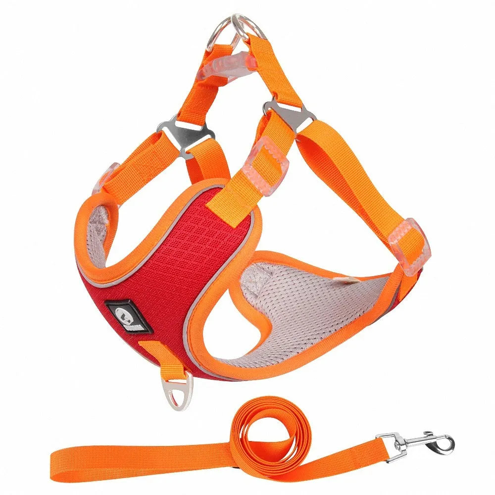 Adjustable mesh dog harness with reflective trim in black red grey or light purple colours
