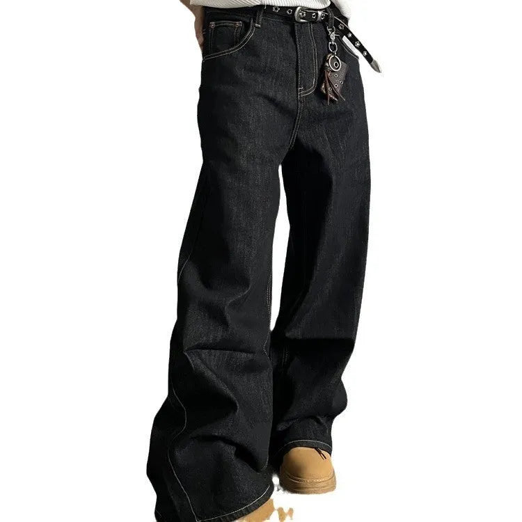 Black retro straight-leg jeans with wide-leg cut and mid-waist zip fly