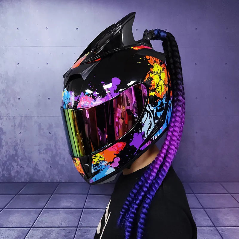 Dirty Braids design full face motorcycle helmet in graphic style like Blue Diamond on ABS shell.