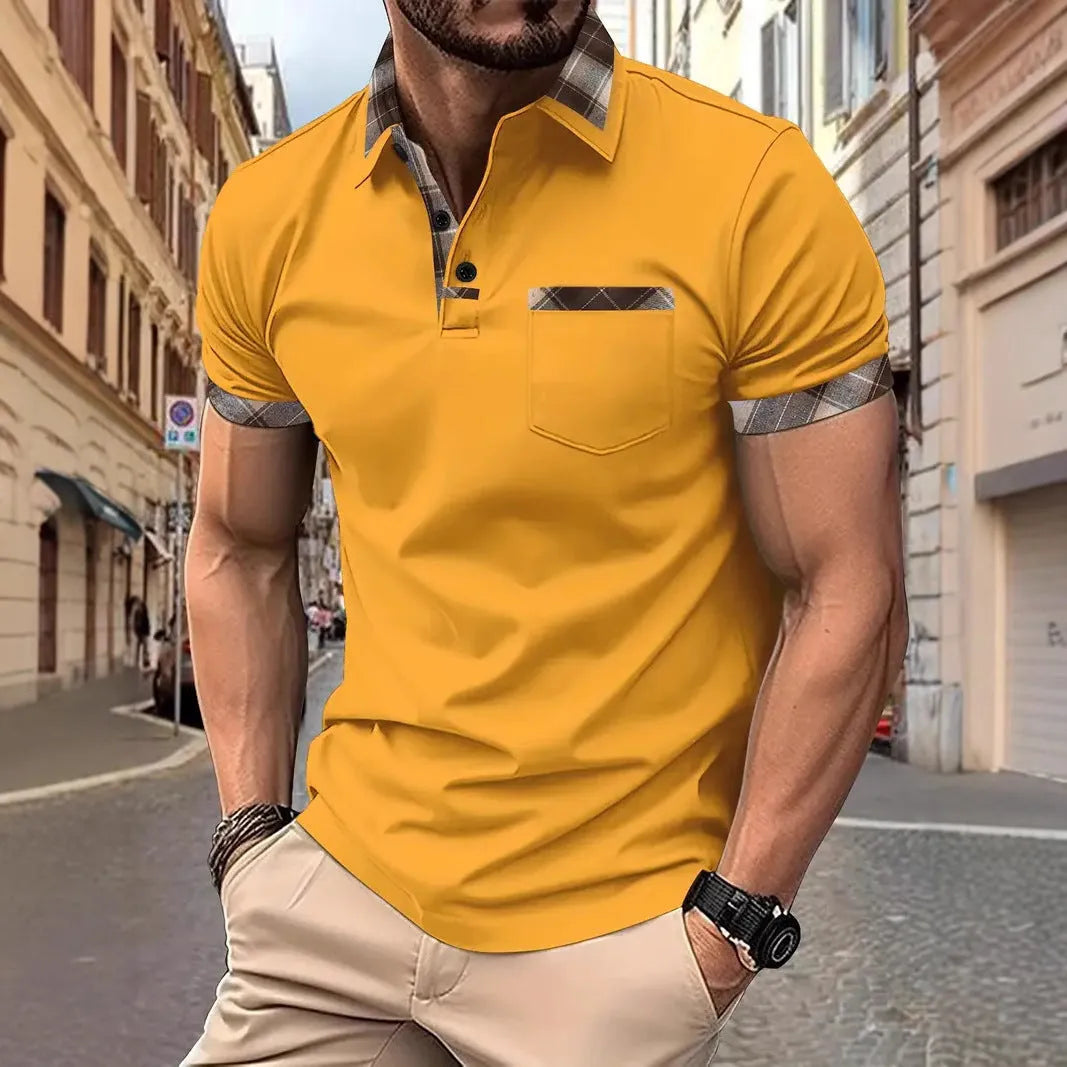 Men's plaid colourblock t-shirt with zipper decorations and short sleeves in loose fit