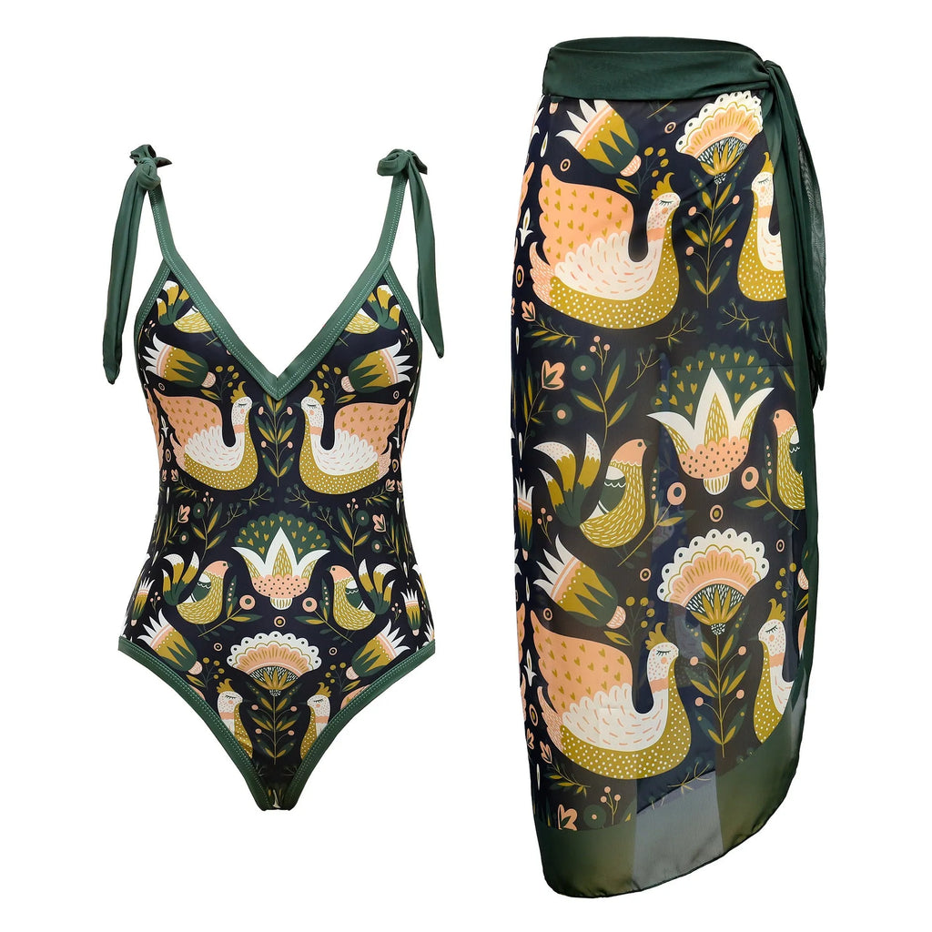Women's solid colour one-piece swimsuit with spaghetti straps and a matching skirt.