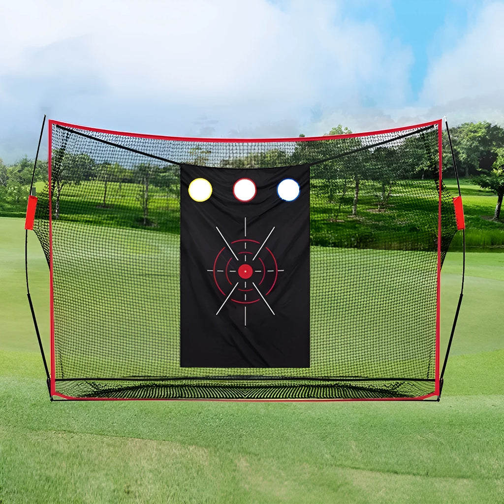Golf swing wedge training net with 3-hole cross design and straw hitting mat