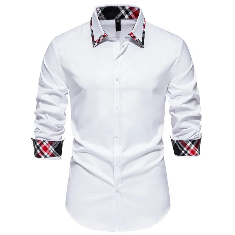 Men's plaid long sleeve shirt with a triangle collar in blue, black, or white.