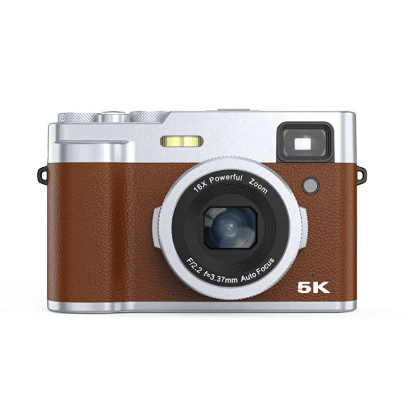 Black 5K digital compact camera with dual lenses and optical viewfinder on a 2.88-inch screen