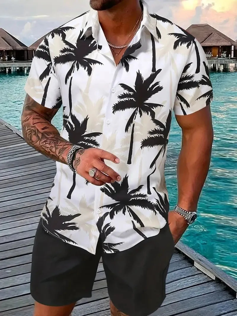 Men's 3D printed Hawaiian shirt and shorts co-ord set in a casual style.