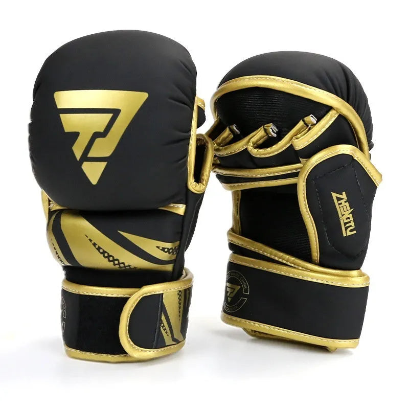 Black and red PU leather boxing gloves with thickened liner on a training mat