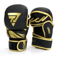 Black and red PU leather boxing gloves with thickened liner on a training mat