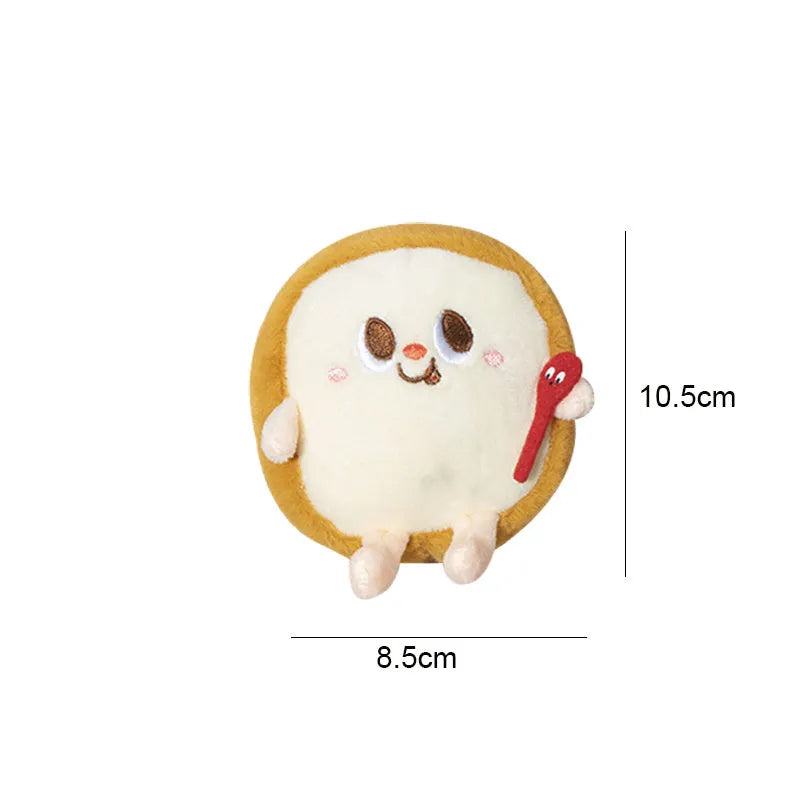 Set of five plush cat chew toys shaped like a hamburger, chicken leg, fries, bread, and hot dog.