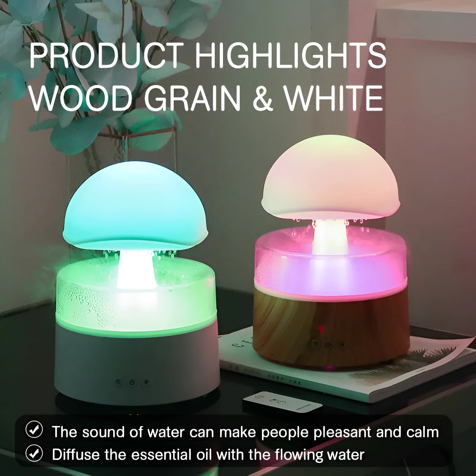 White cloud rain humidifier with rainfall simulation and LED lighting on wooden surface