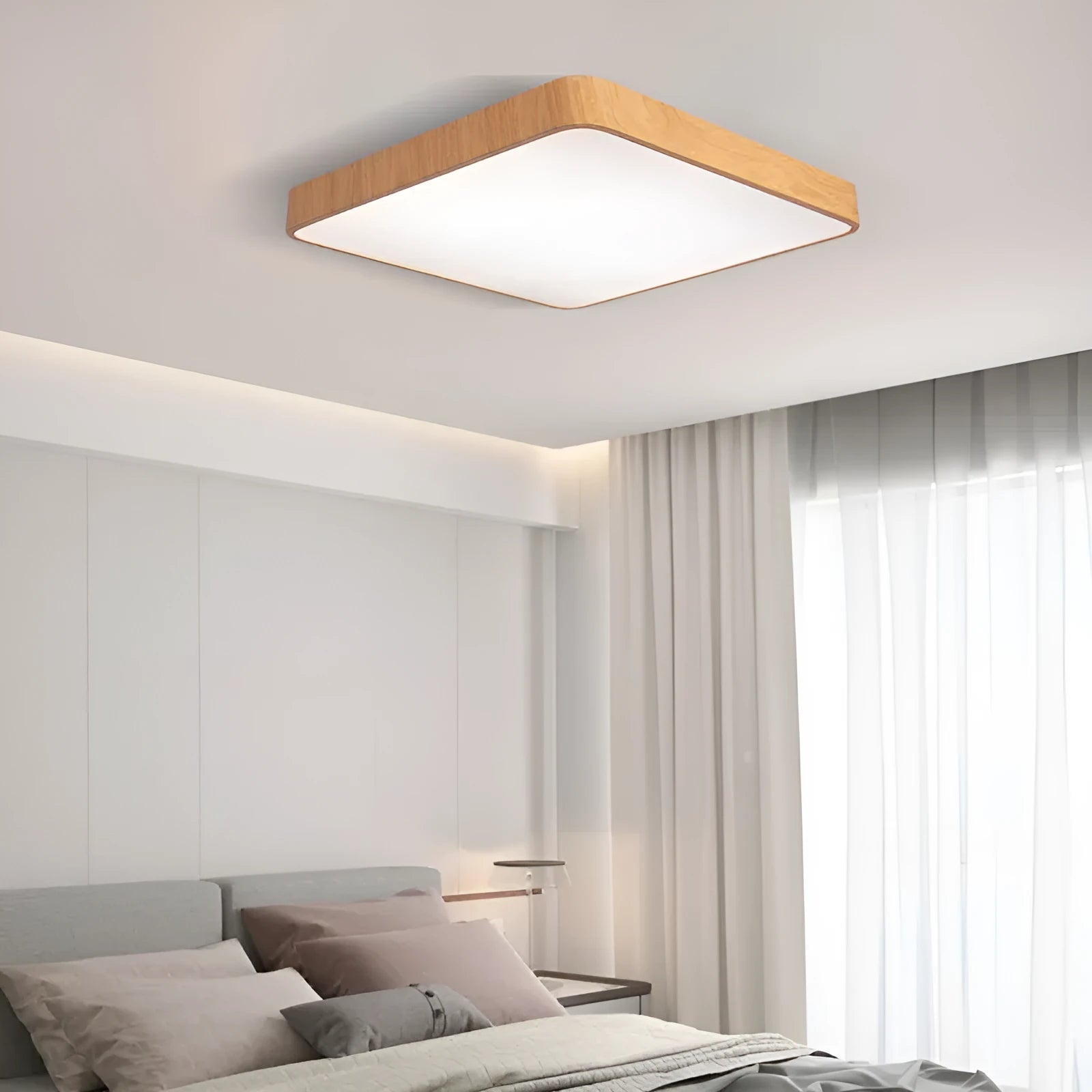 Nordic style square LED ceiling light with wood grain finish and iron frame, shown in a modern room setting.