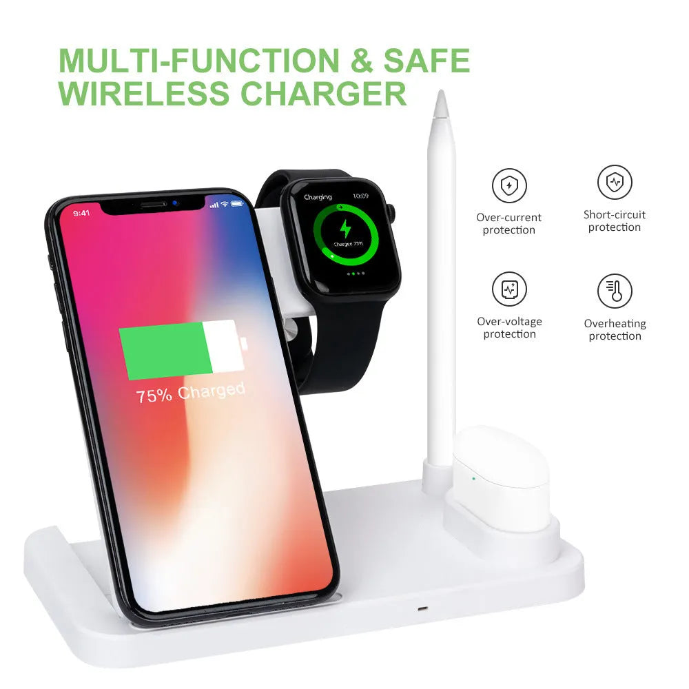 Folding 4-in-1 wireless charger in space grey colour showing vertical phone charging and Apple Pen slot