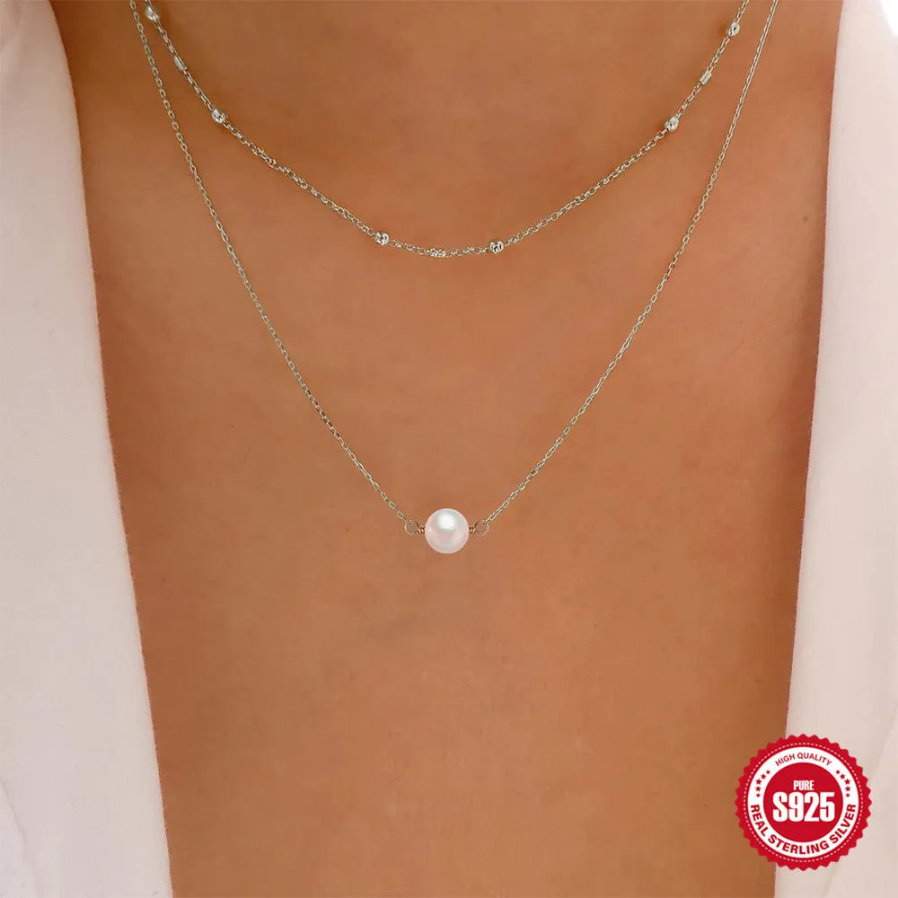 S925 sterling silver double layer necklace with twin pearls on geometric ball bead chain