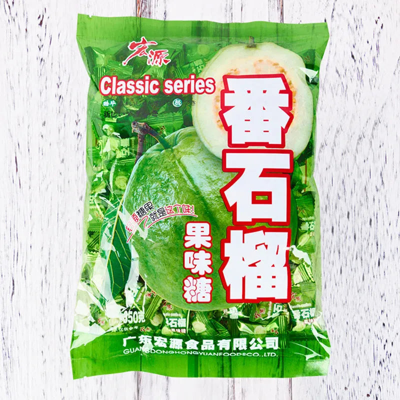 Three bags of hard candy: guava flavour (350g), plum sugar (350g), and tangerine peel (355g).