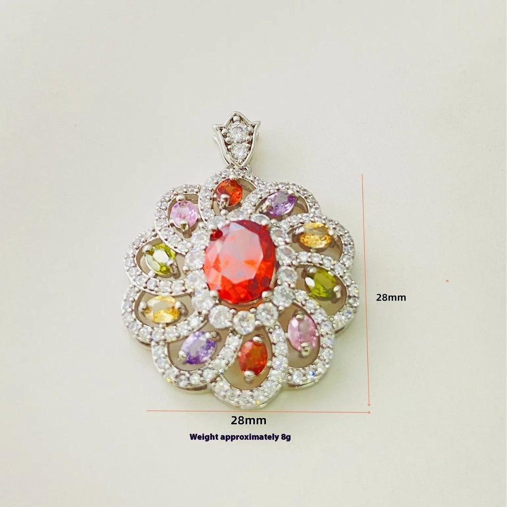Women's colourful zircon flower pendant necklace in gold, champagne gold or platinum colour with optional chain