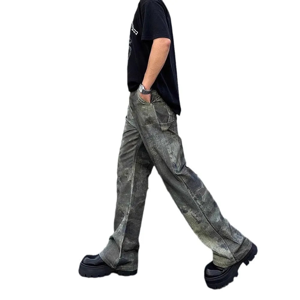Men's straight leg jeans with retro digital camouflage pattern on dark denim fabric