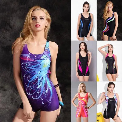 Black and blue professional one-piece swimsuit for women, sleeveless with conservative cut.