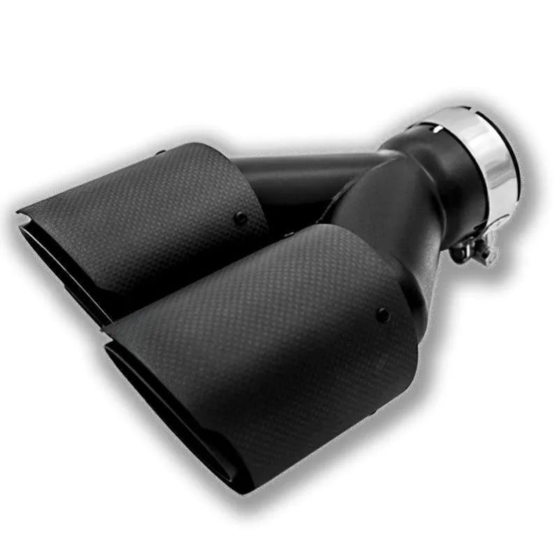 Black carbon fibre car exhaust pipe with two-tail-one-nozzle silencer design and double outlet configuration