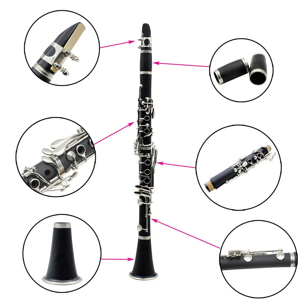Black Bakelite beginner clarinet with nickel-plated 17-key mechanism and included carrying bag.