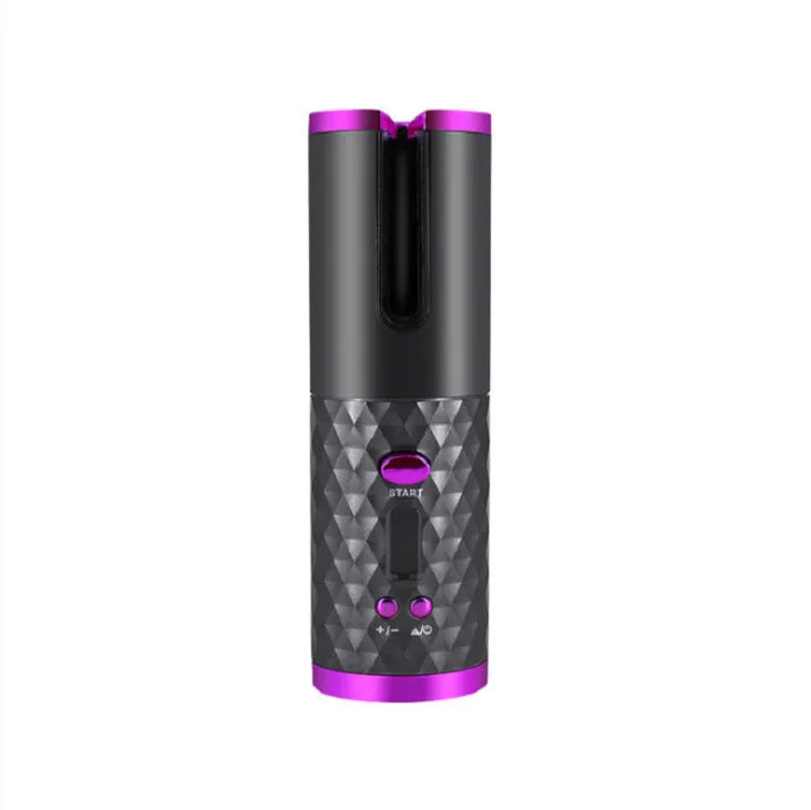 White portable automatic curling iron with a gold ceramic barrel and USB charging cable on a pink background.