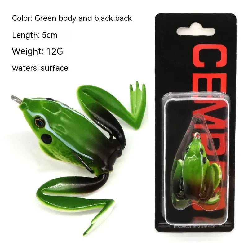Bionic Real Thunder Frog Snake Head fishing lure with double hooks in grass green and black yellow dots colours