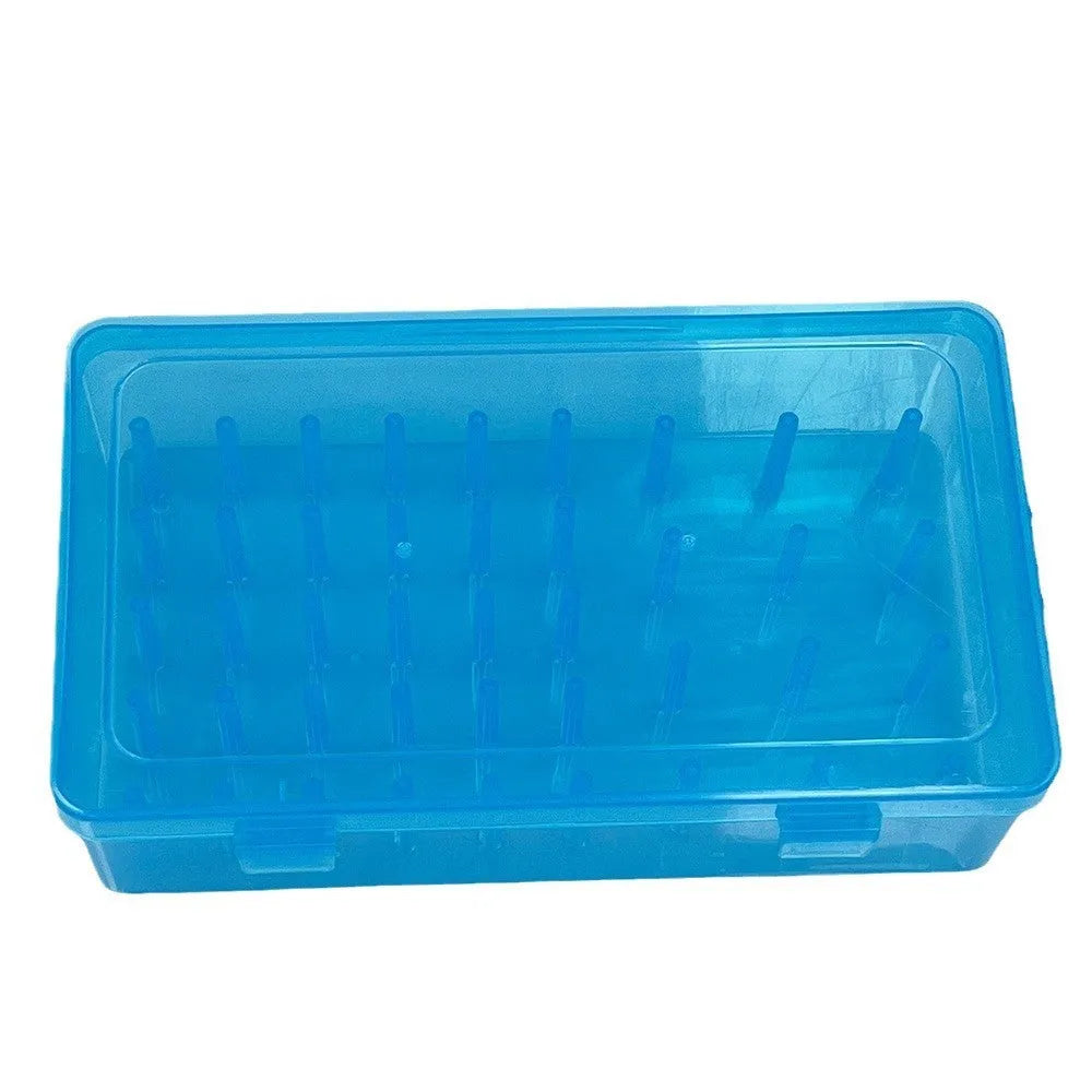 Transparent plastic sewing storage box with 42 removable compartments for organising threads and needles.