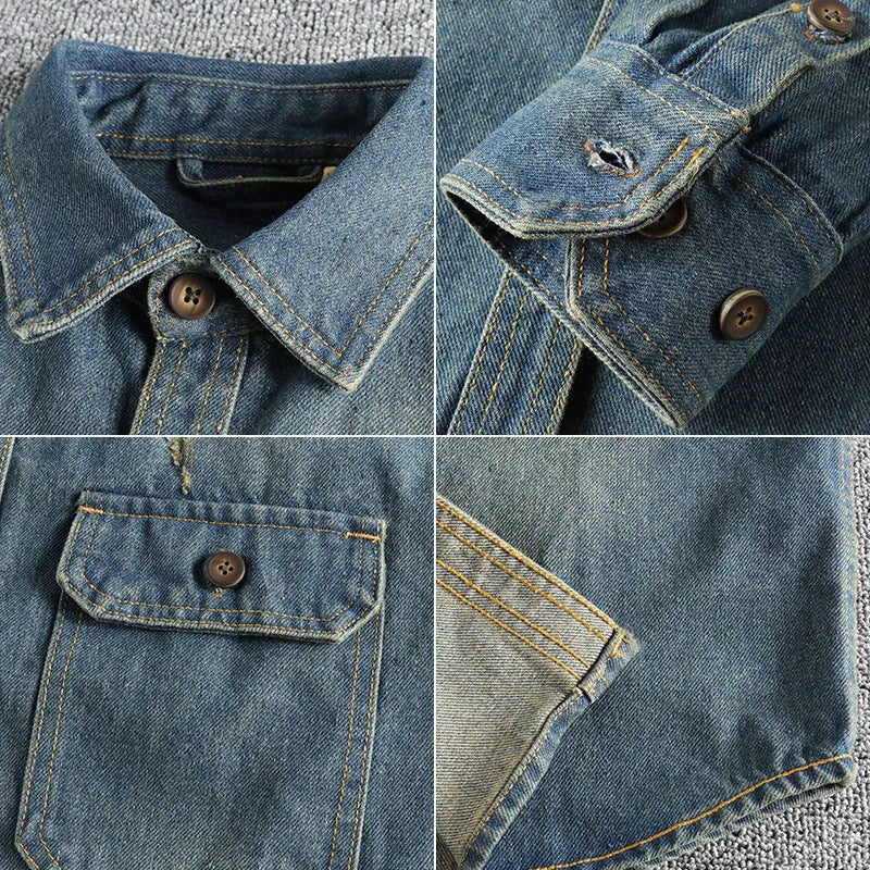Men's light blue vintage denim shirt with loose cardigan styling and long sleeves