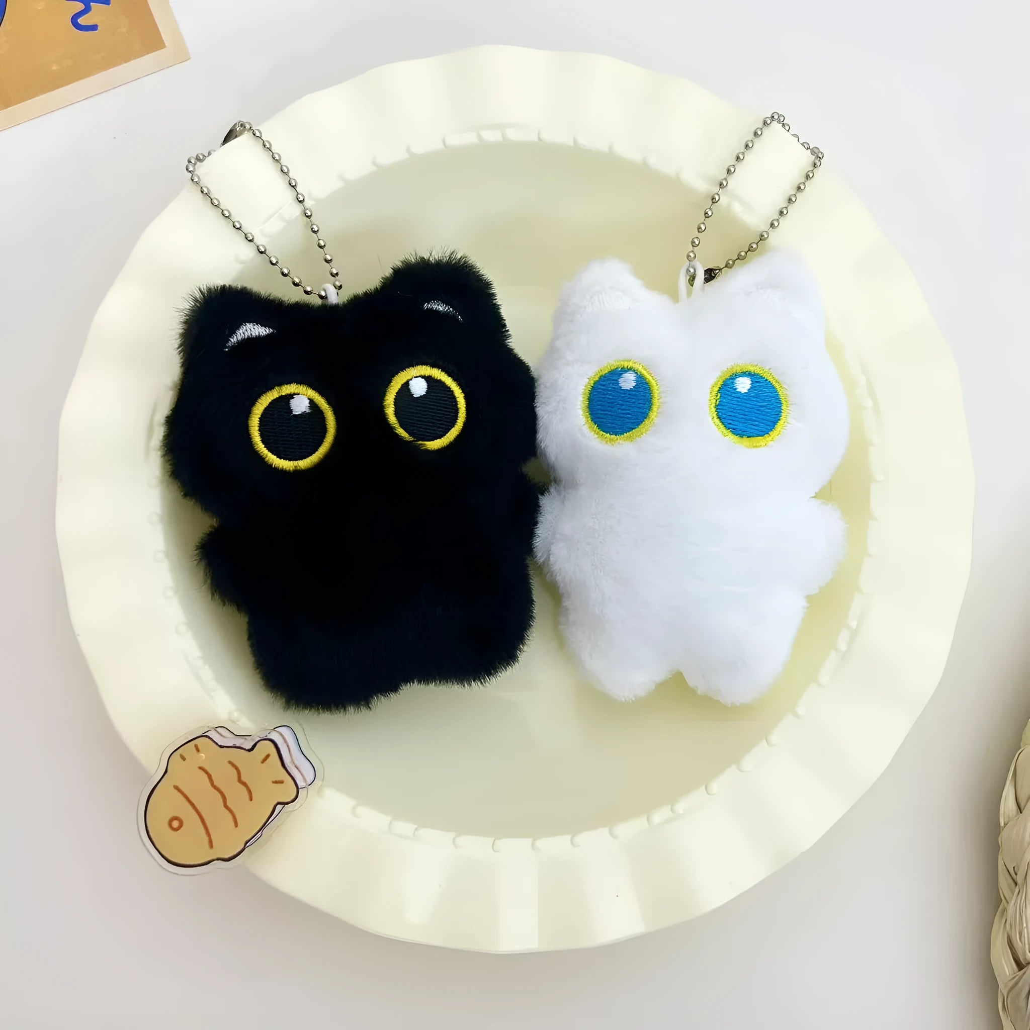Cartoon big eye black cat doll plush key decoration with bead necklace