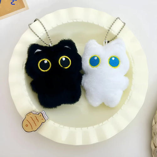 Cartoon big eye black cat doll plush key decoration with bead necklace