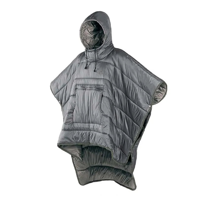 Army green outdoor cloak sleeping bag with wearable design showing 200x140cm dimensions