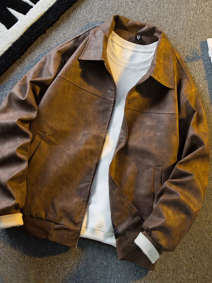 Brown suede vintage short leather jacket for men with lapel collar and zip front