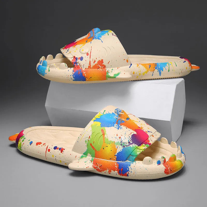 Shark design open-toe EVA home slippers for couples in beige, shown in a large size.