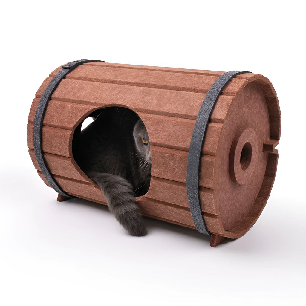 Assembled grey felt wine barrel-shaped pet bed for cats and small dogs.