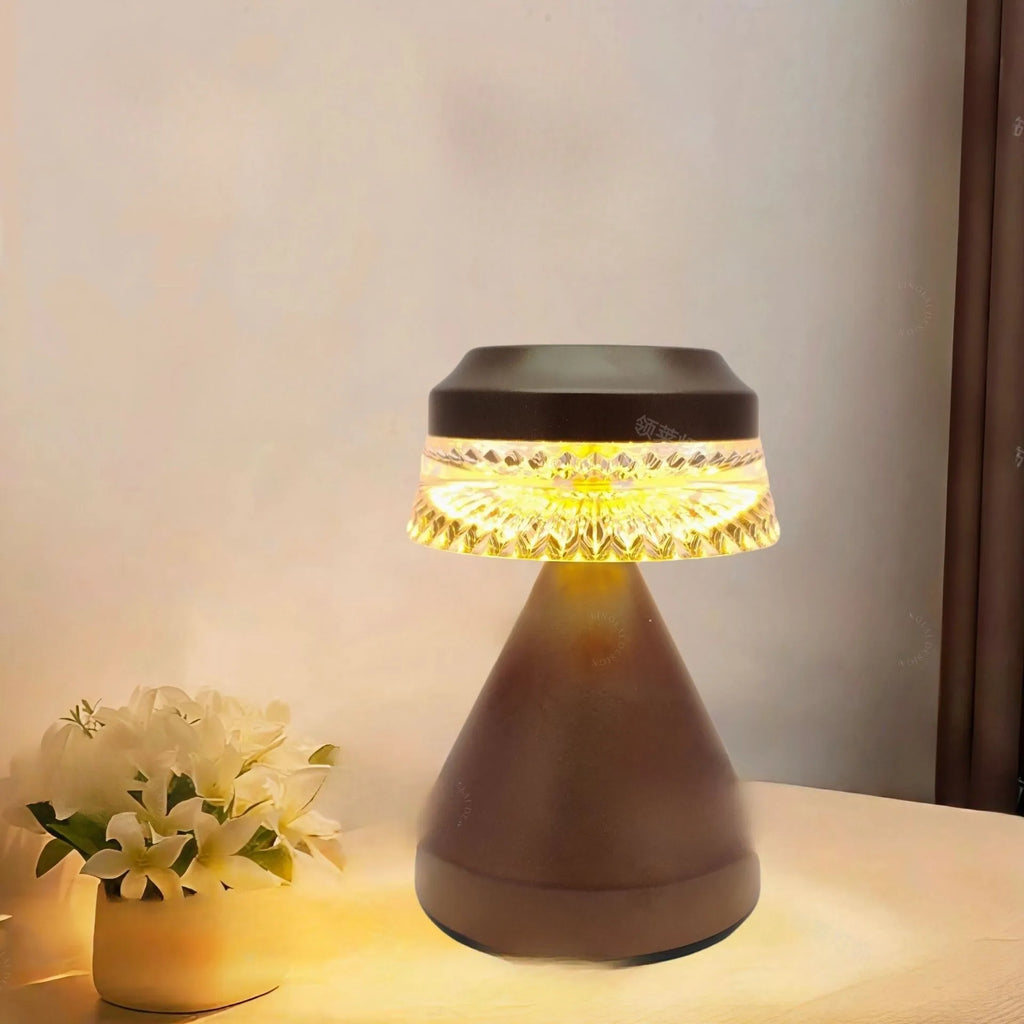 Black USB rechargeable LED bedside night lamp with touch dimming on a wooden table.