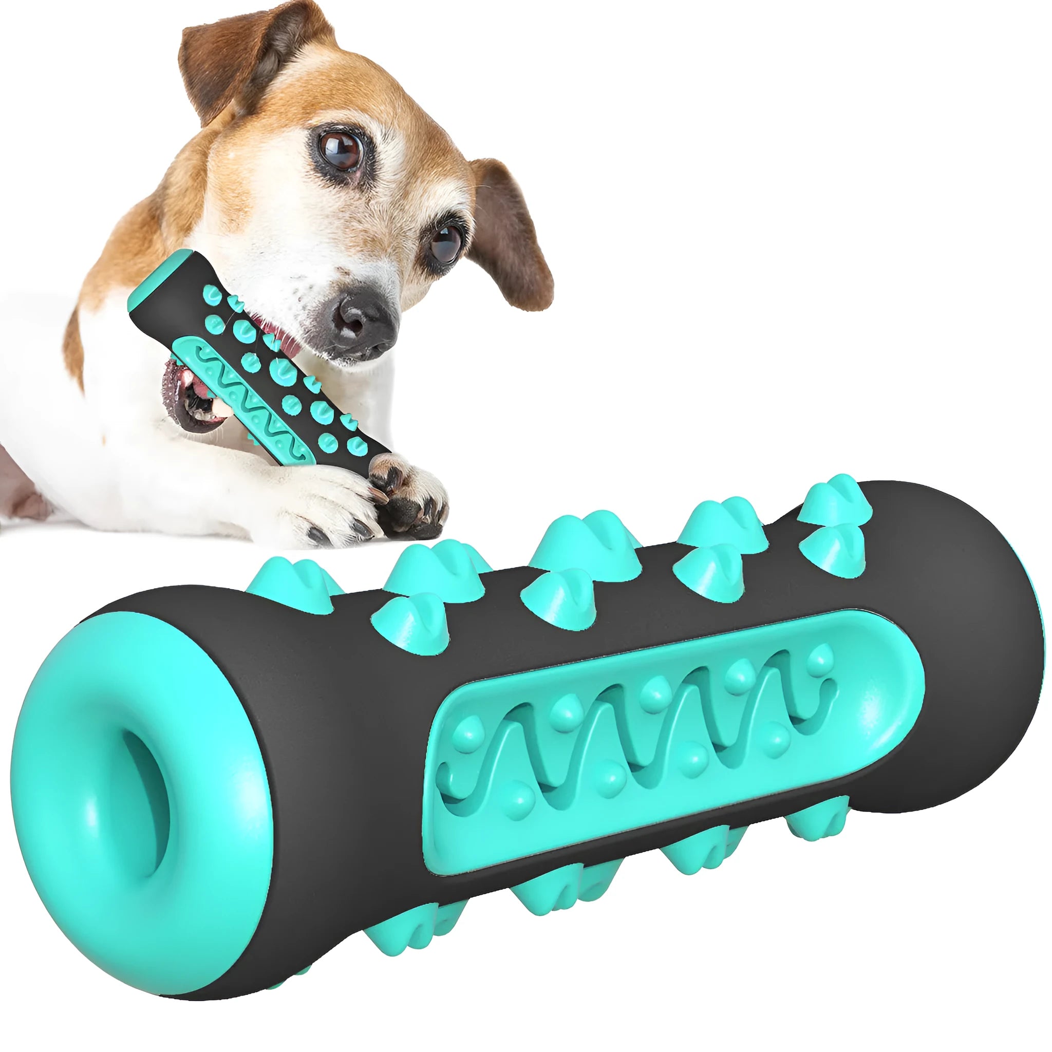 Natural rubber dog toothbrush chew toy in blue colour for dental cleaning, showing textured stick design