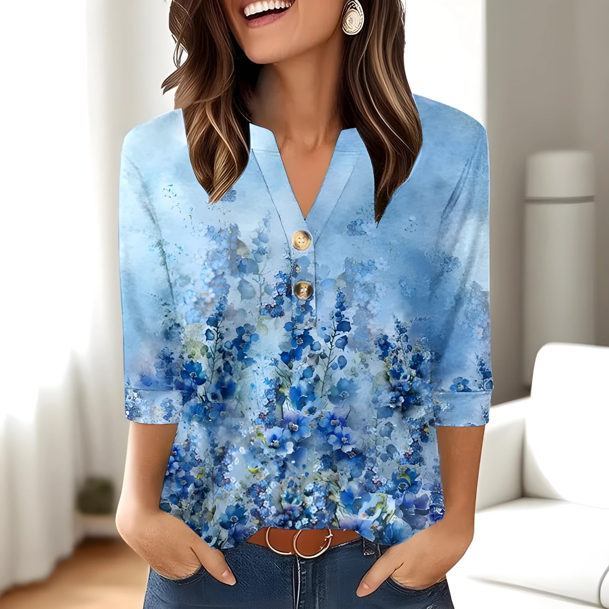 Women's loose fit V-neck T-shirt with 3D printed pattern in Japanese Korean casual style
