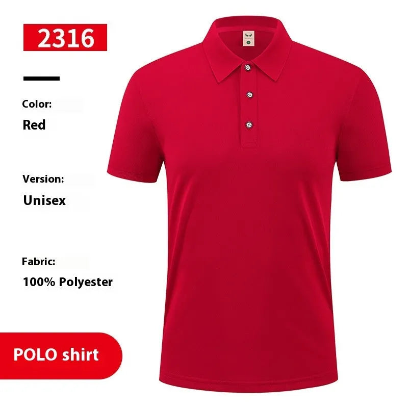 Men's short sleeve pullover polo shirt on a hanger, shown in multiple colours including white, black, and red.