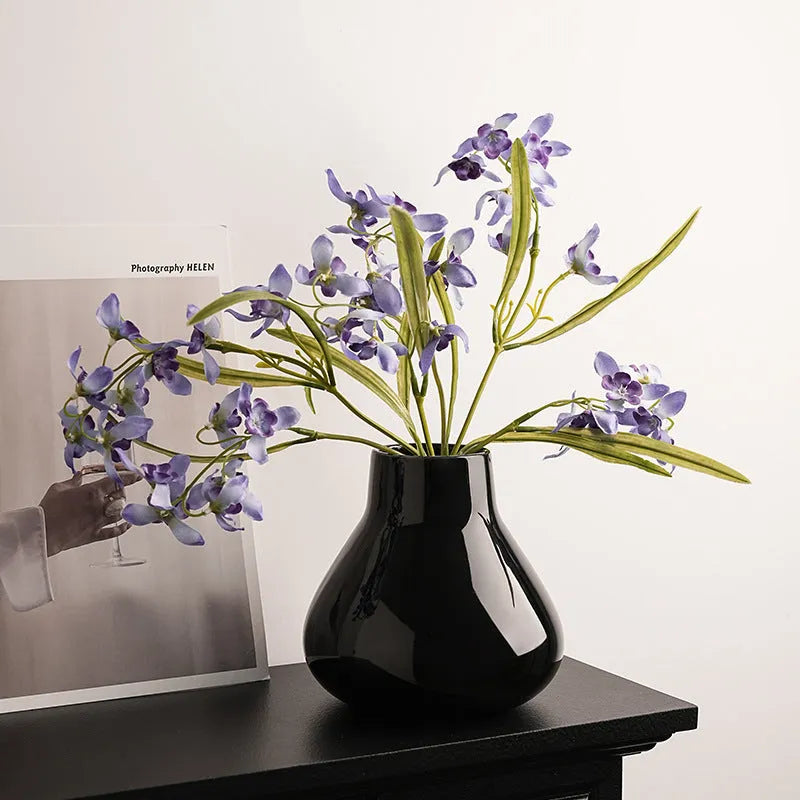 Ceramic round belly vase in black or white with French modern style and optional artificial orchid flowers