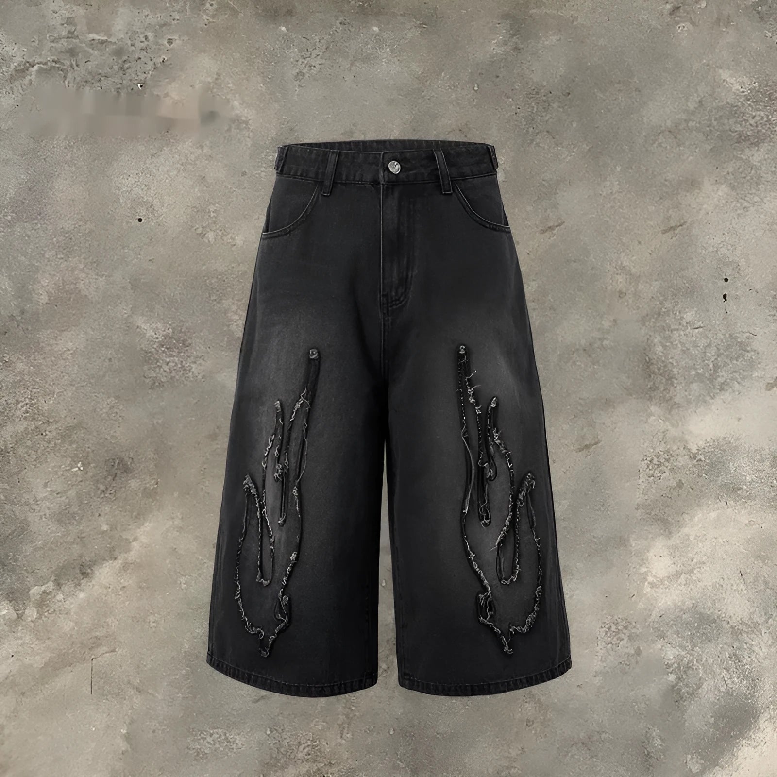 Men's black denim shorts with flame embroidery and patchwork design, straight leg cut