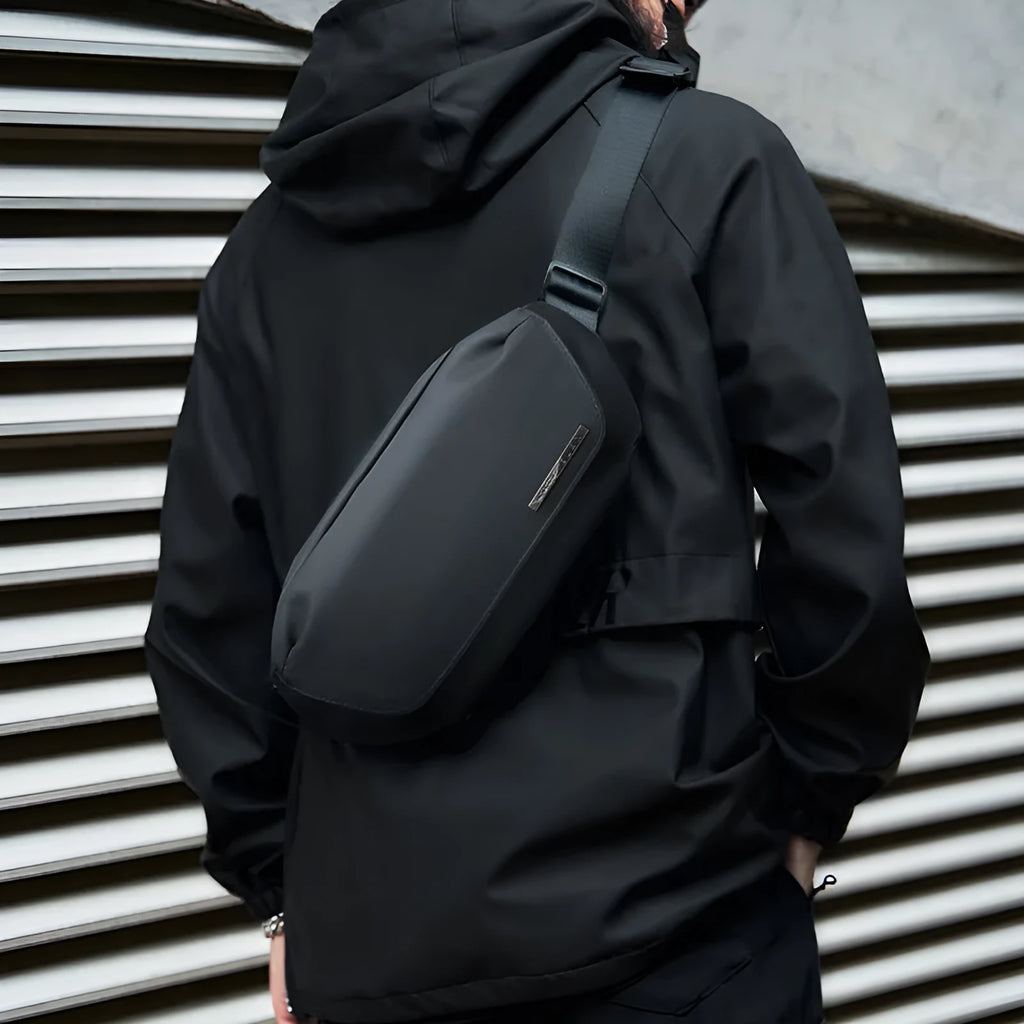 Black Oxford cloth men's messenger bag with crossbody strap and street style design