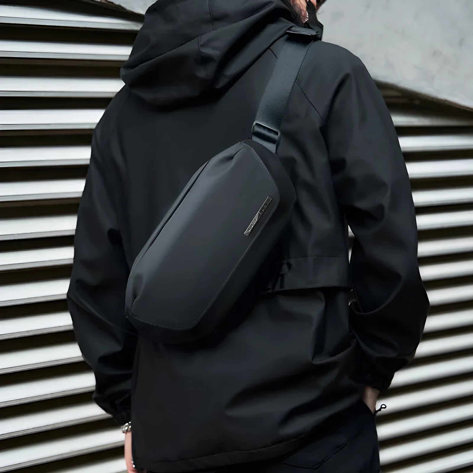 Black Oxford cloth men's messenger bag with crossbody strap and street style design