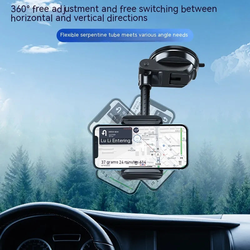 Black universal car mobile phone bracket with rotating metal arm and double supercharged design
