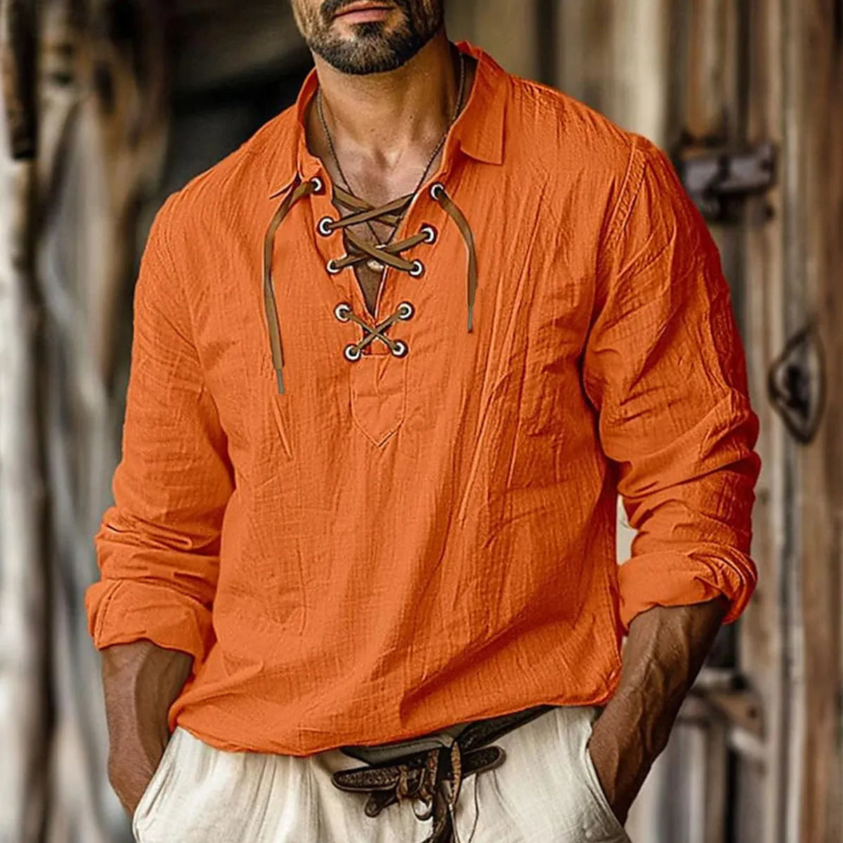 Men's plus size loose fit linen shirt with lapels and lace detail on long sleeves