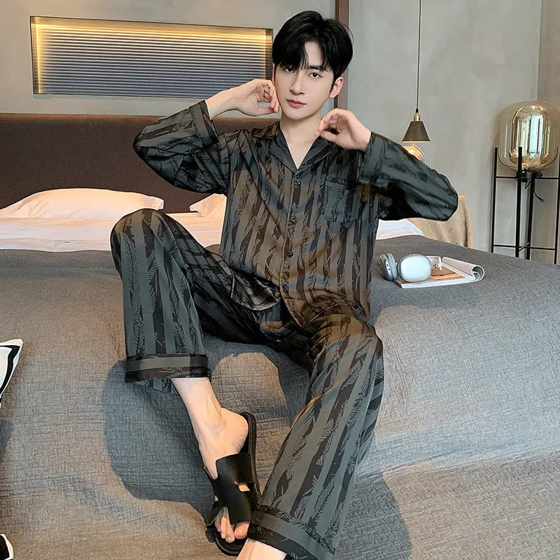 Men's black stripes ice silk pajama set with V-neck top and trousers