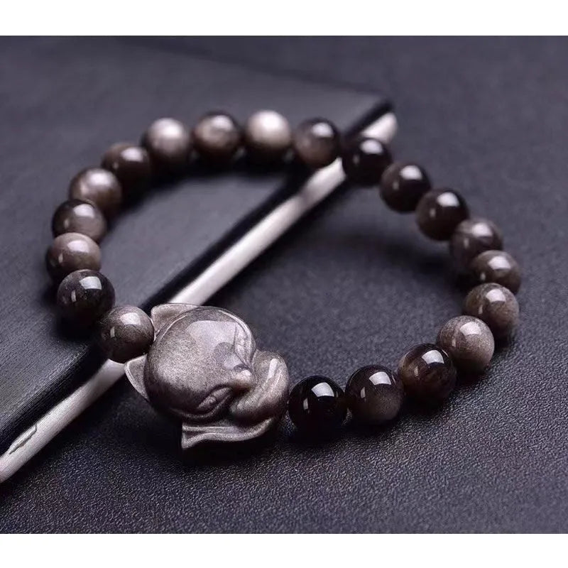 Obsidian fox adjustable bracelet with 8mm polished stone bead and silver fox charm on sliding knot
