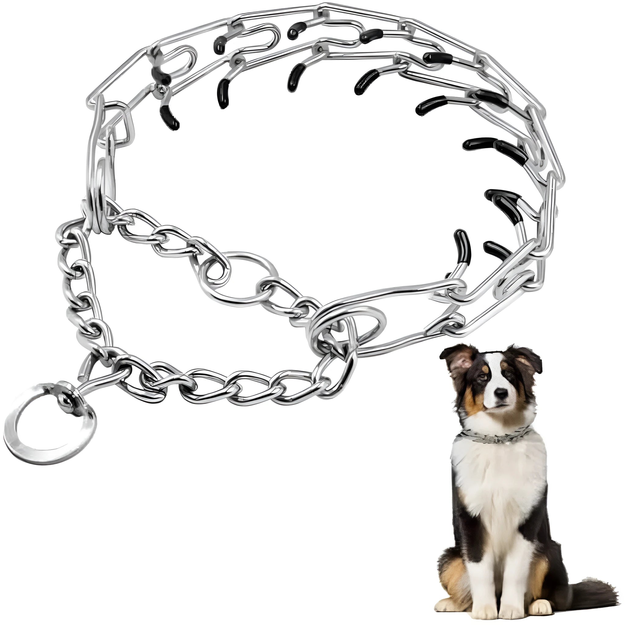Stainless steel dog training collar with adjustable links and comfort rubber tips in four sizes