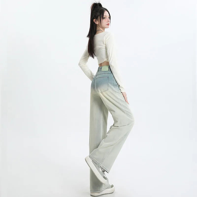 Women's gradient blue straight-leg denim trousers with wide leg cut in cotton blend fabric