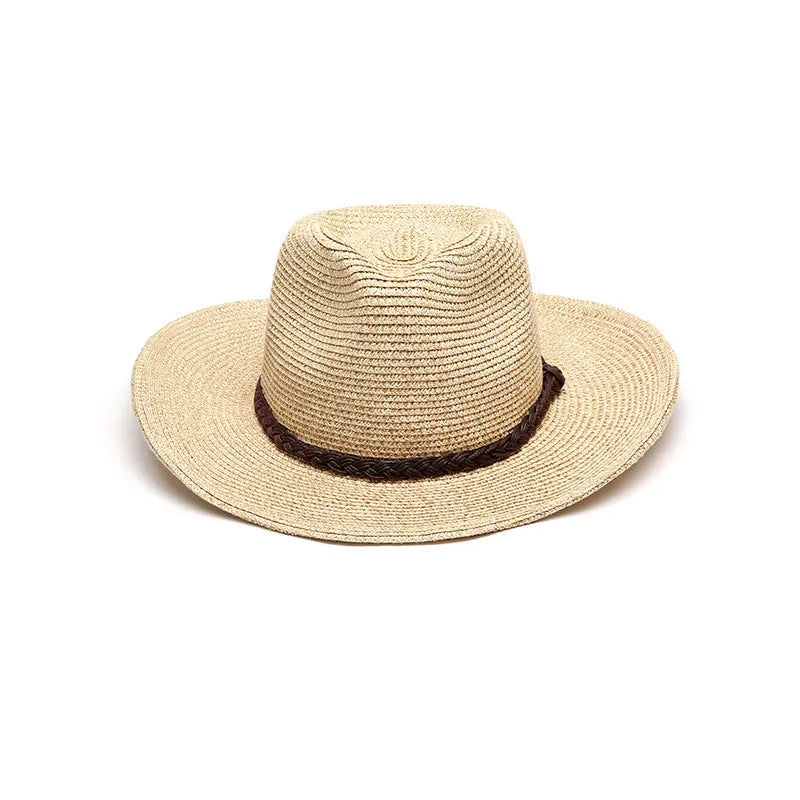 Men's foldable straw sun hat with wide brim in beige colour showing folded and unfolded positions