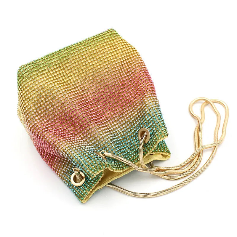 Net red rhinestone bucket bag with diamond texture and soft fabric construction