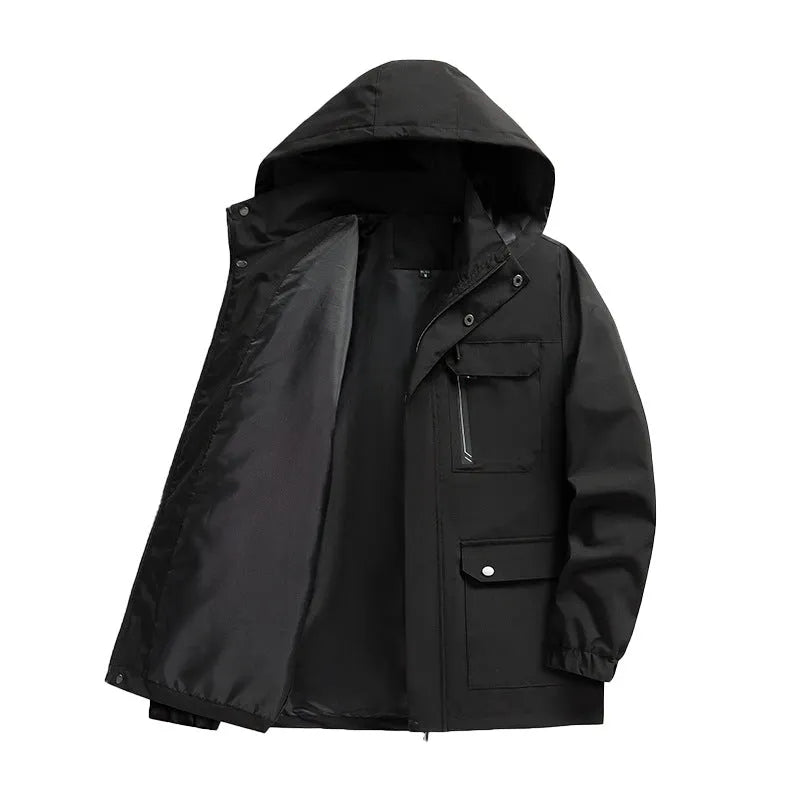 Men's warm hooded outdoor jacket in loose fit, Korean style, colour black, with zipper and pockets