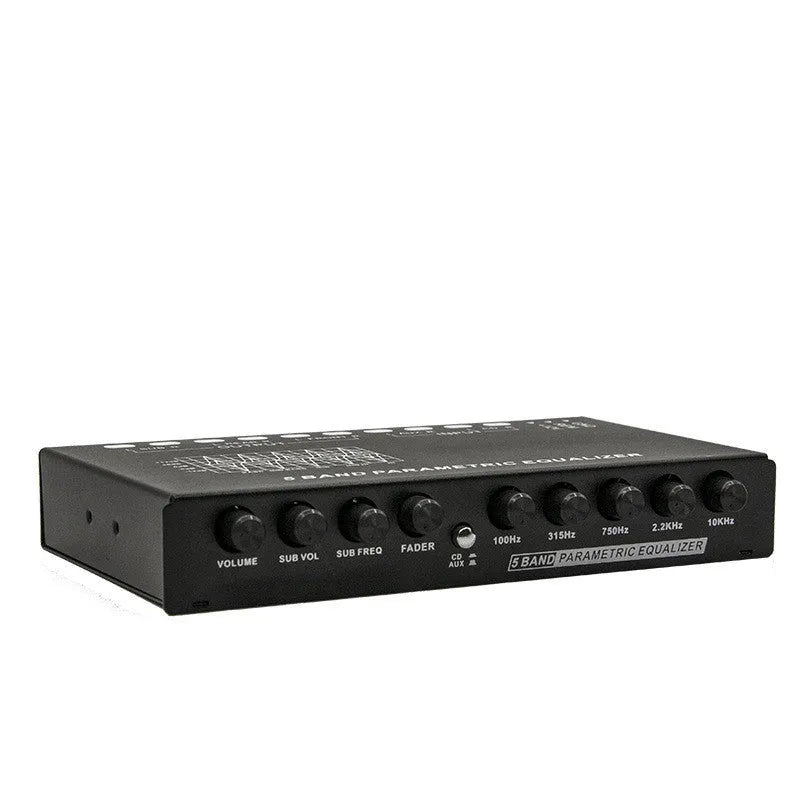 Black car audio EQ equaliser unit with control panel for frequency adjustment and subwoofer management